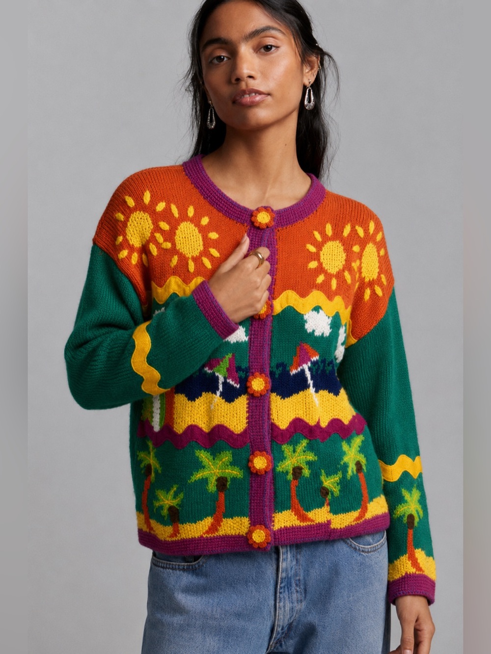 Vintage Marisa Christina Cardigan Sweater Beach PalmTree Coconuts Flowers *E